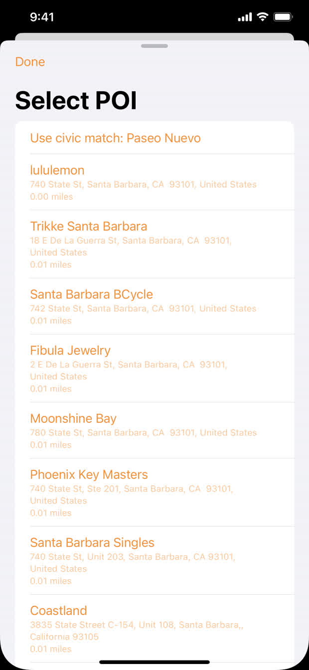 POI selection screen